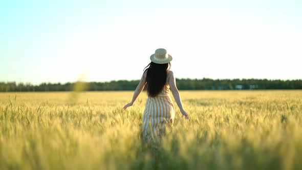 Beauty Girl with Long Hair in Dress Running on Wheat Field in Sunset Summer. Freedom Concept