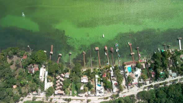 Virw from a drone of the piers at Bacalar laggon in Mexico near Cancun