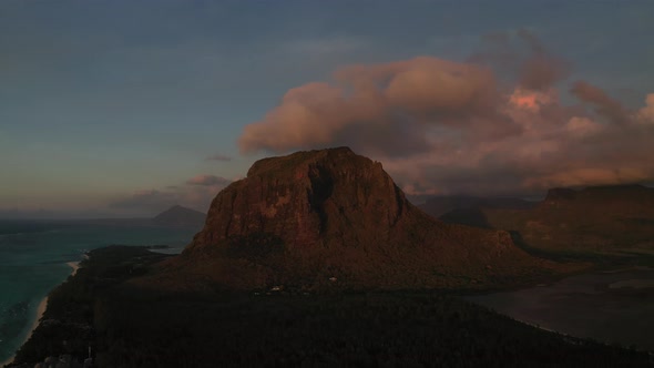 Amazing Sunset From the Height of Mount Le Morne Brabant and the Waves of the Indian Ocean in