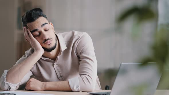 Sleepy Tired Hispanic Man Employee Male Businessman Dreamer Sleeping at Home Office Workplace