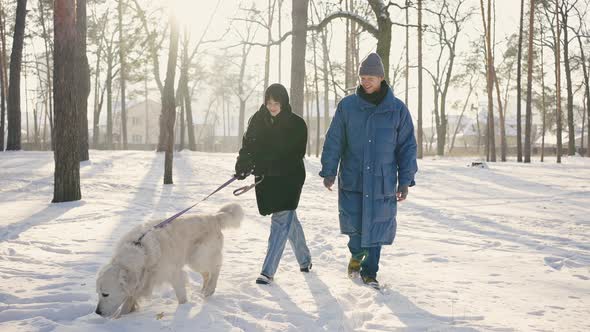 Young Couple of Lovers Walks in a Snowy Park in Winter