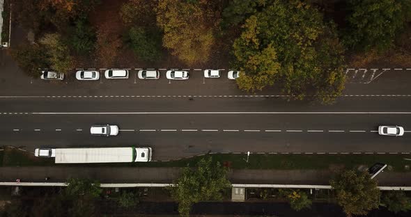 Drone View From Above to the Road Traffic in Autumn Time