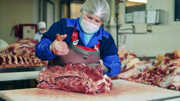Female Plant Worker Is Cutting Large Pieces Meat