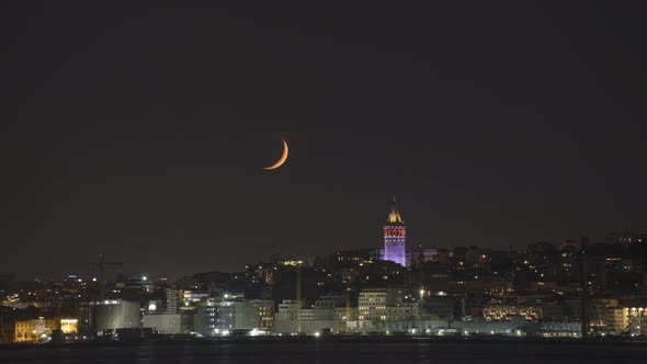 Istanbul bosphorus night galata tower moonset timelapse video
