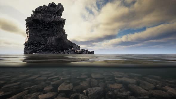 Ocean Seascape with Sky and Ocean Wave Splitted By Waterline to Underwater Part