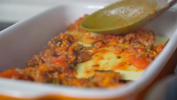 Cooking Homemade Classic Lasagna Bolognese Closeup