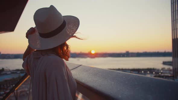 Attractive woman in New York at sunset