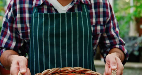 Man holding a basket of freshly harvested tomatoes