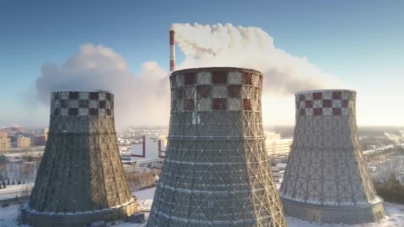 Aerial View Large Cooling Towers Produce White Steam