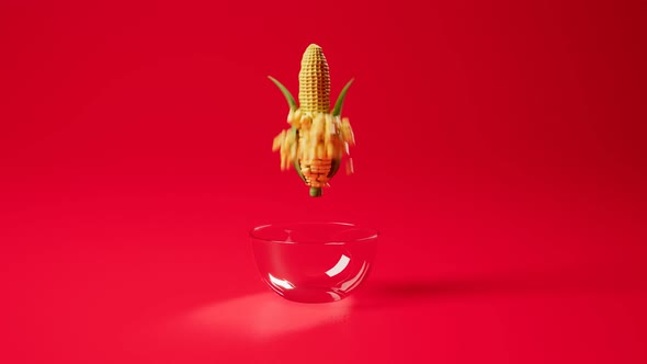 From corn cob to popcorn. Corn seeds popping up from glass bowl. Salty snack.