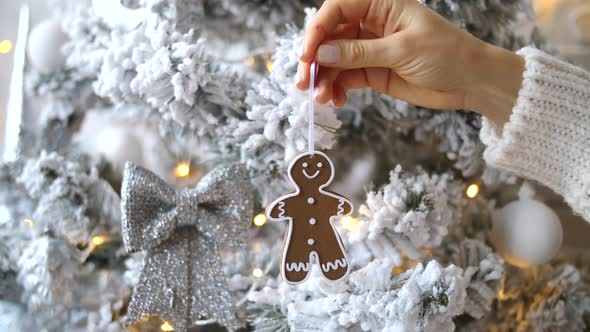 Female Hand Holding Gingerbread Man Cookie. Christmas Decorations For Xmas Tree