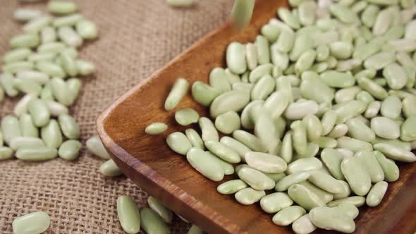Green organic verdina beans falling into wooden kitchenware on rustic burlap