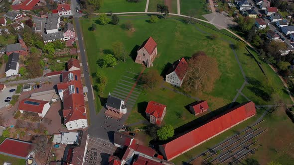 Beautiful flight over the monastery in the city of Lorsch.