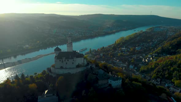 Marksburg Castle During Autumn Fall Season Romantic White Castle in the Mountain During Sunset