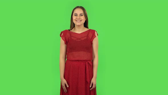 Tender Girl in Red Dress Is Smiling Broadly and Winking. Green Screen