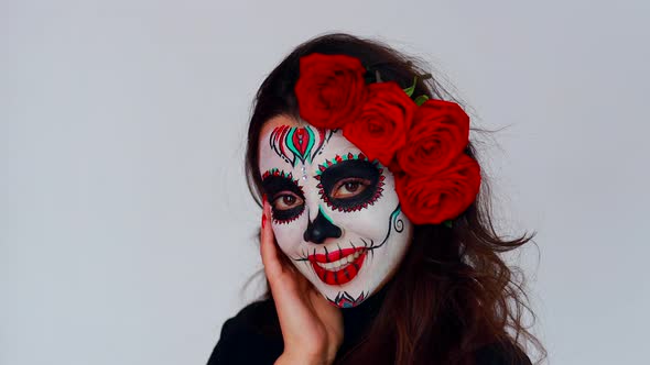Woman with Painted Skull on Her Face for Mexico D a De Muertos Mexican Traditional Ritual in Red