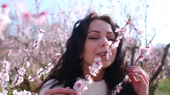 Happy Woman Having Fun in an Orchard with Pink Blossom Peach Flower Trees