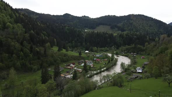 Ukraine, Carpathian Mountains: Village in the Mountains. Aerial