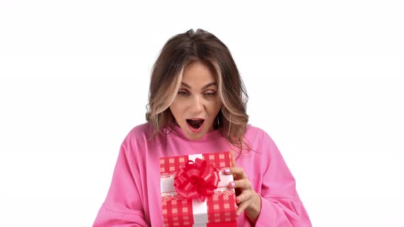 Portrait Rejoicing Lady Opening Gift Box with Desired Present
