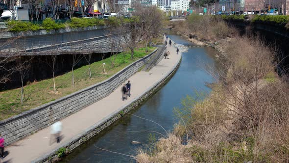 Timelapse Seoul People Walk in Cheonggyecheon Stream Park