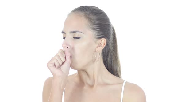 Coughing, Sick Woman Suffering From Cough, White Background