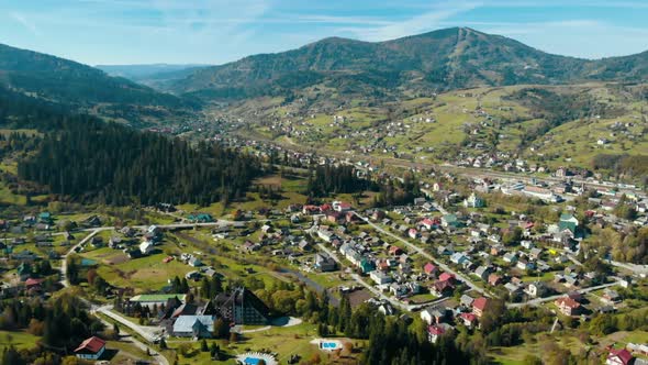 Aerial Drone Shot Over the Village Mountain Landscape