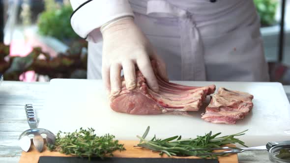 Raw Ribs on Cooking Board.