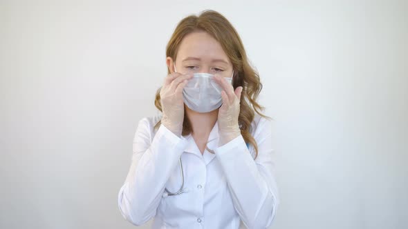 A doctor in a white coat and with a stethoscope around his neck puts on a face mask