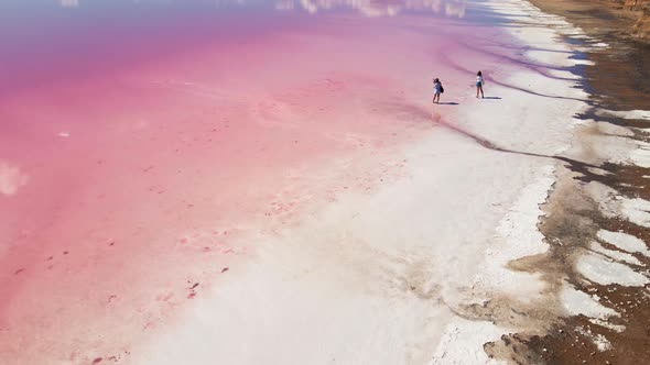 Aerial View Beautiful Amazing Lake with Dry Salt Beach and Pink Water