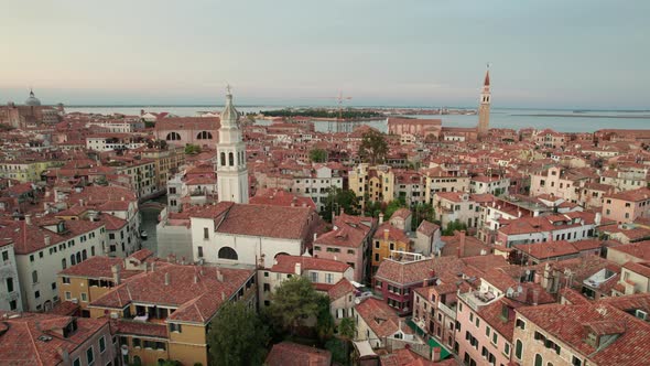 Aerial View Venice City with Historical Buildings and Bell Tower Skyline Italy