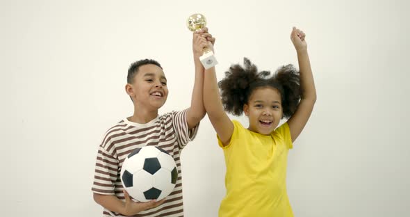 Mixed Race Kids with Hands Up Over White Background