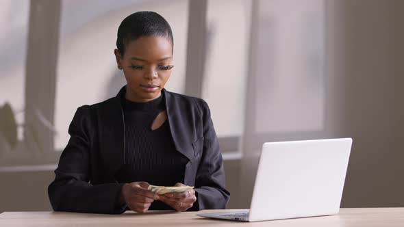 African Successful Business Woman Afro Black Girl Sitting at Workplace in Home Office with Laptop