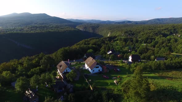 Panoramic aerial drone shot of cabins in the Plitvice National Park Central Croatia