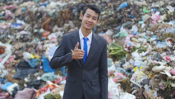 Businessman Thumb Up, Garbage In Background