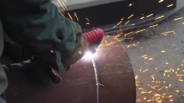 Plasma Cutting of Metal Pipe Closeup