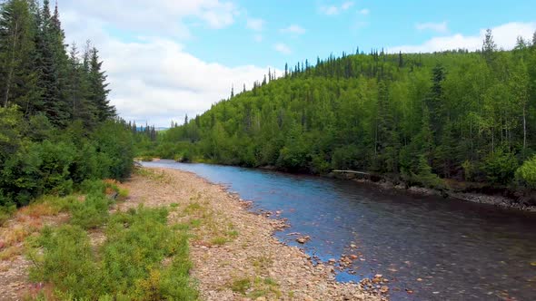 4K Drone Video (dolly shot) of Rock Shoreline of Chena River at Angel Rocks Trailhead near Fairbanks