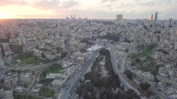 Early morning aerial clip of Amman Jordan taken by a drone just after sunrise with beautiful colors