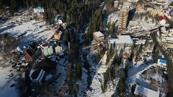 Aerial View of Dombay Village in Winter in the North Caucasus