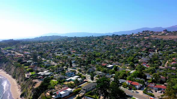 Daytime shot with a clear blue sky on the coast of Santa Barbara, California.