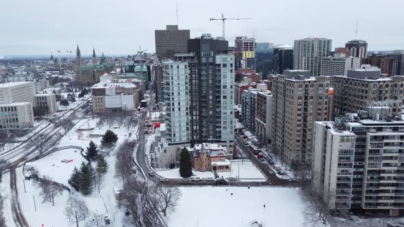 Panning aerial of wintertime Ottawa during the Freedom Convoy protests