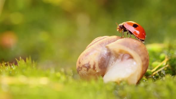 Close-up Wildlife of a Snail and Ladybug in the Sunset Sunlight.