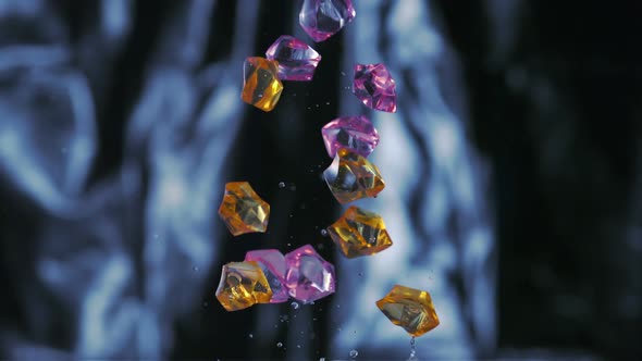 Colored cubes falling and bouncing on puddle, Slow Motion alt