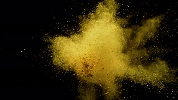 Colorful powder/particles fly after being exploded against black background. Slow Motion.