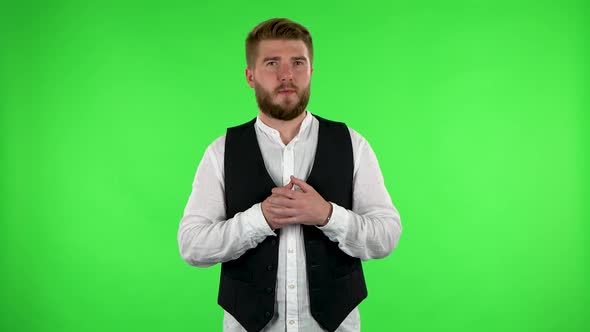 Man in Anticipation of Worries, Then Disappointed and Upset. Green Screen