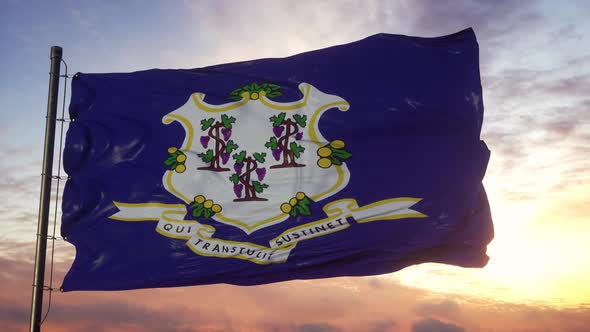 Flag of Connecticut Waving in the Wind Against Deep Beautiful Sky at Sunset