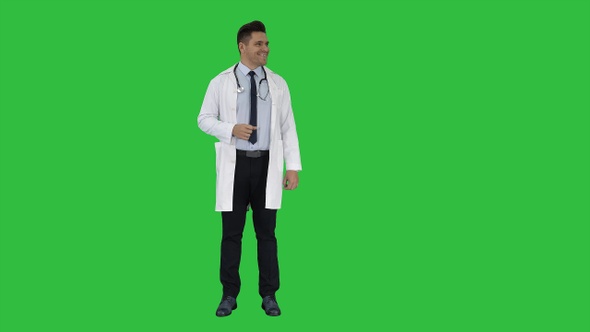 Happy doctor showing something near him and smiling on