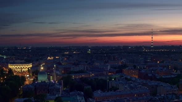 Night Flight Over St. Petersburg Overlooking The Historic Part Of The City