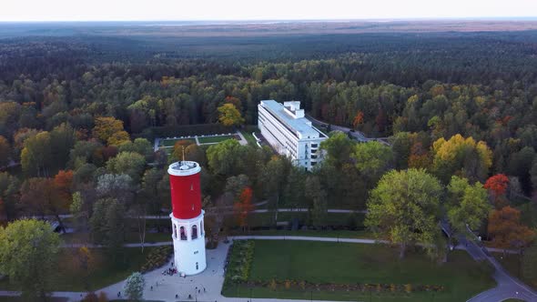 Kemeri Water Tower With Latvian Flag in the Kemeri Resort Park in Jurmala, Latvia.