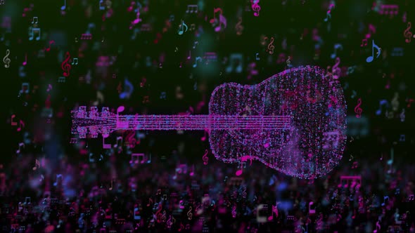 Particles of a Rotating Guitar With Colorful Notes Seamless Loop 4K