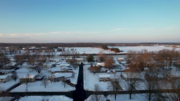 Aerial view winter landscape in small american town